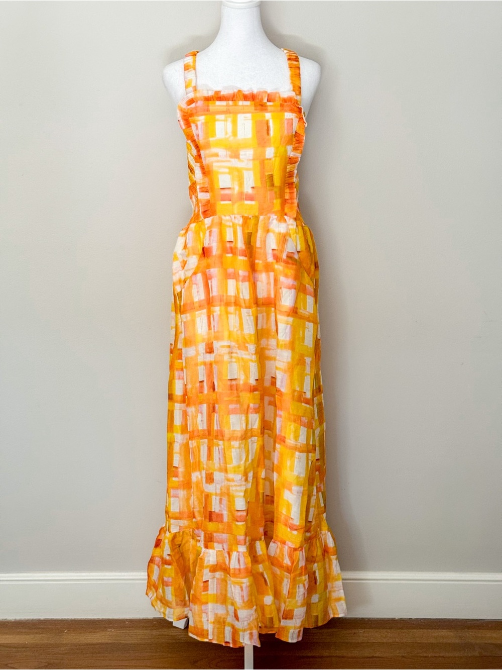 Marie Oliver Prima Maxi Retro Inspired Plaid Orange Linen & Silk Dress Small
